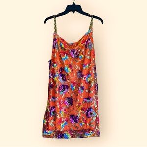 Orange sequin dress for women. Large. Flower embroidery spaghetti strap backless